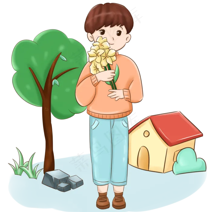 春分拿着鲜花的小男孩,免抠元素