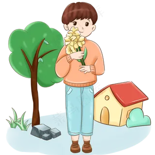 春分拿着鲜花的小男孩,免抠元素