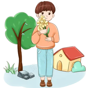 春分拿着鲜花的小男孩,免抠元素