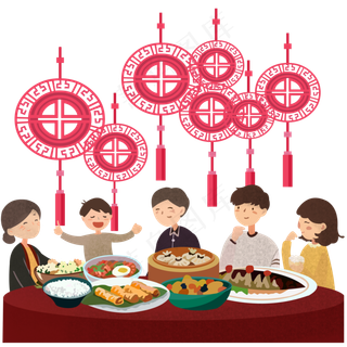 除夕年夜饭合家团圆中国结PNG,免抠元素