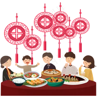 除夕年夜饭合家团圆中国结PNG,免抠元素