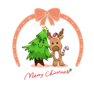 可爱小麋鹿圣诞节花环松树棒棒糖,免抠元素