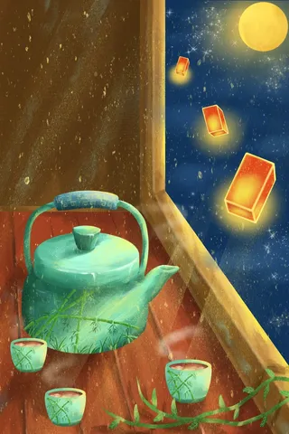 中秋节喝茶赏月孔明灯