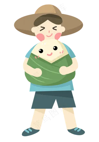 端午节戴帽子的男孩抱着粽子