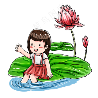 坐在荷叶上的小女孩