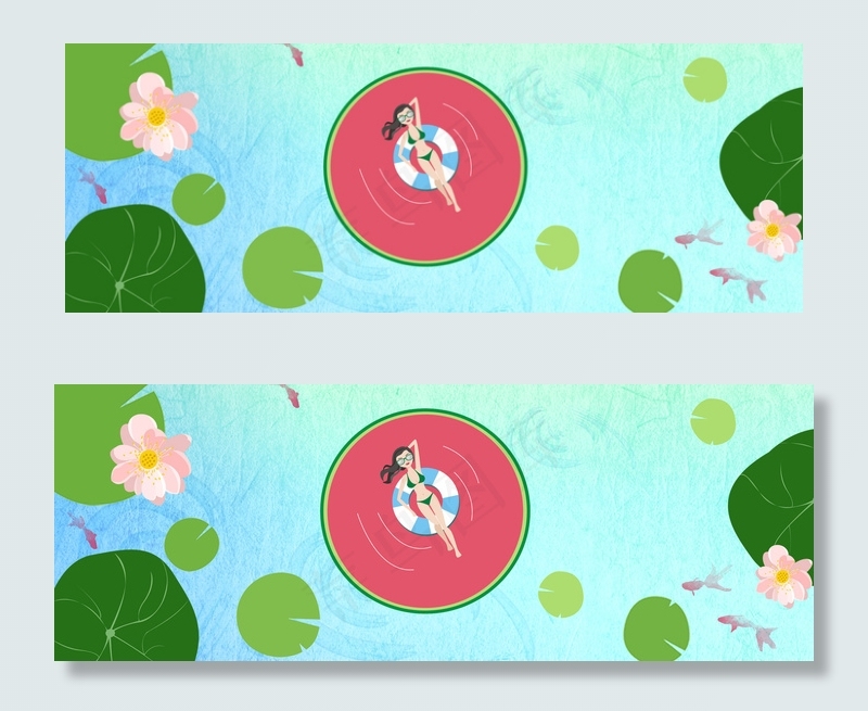 小清新荷塘游泳的女孩大暑banner(1920*700px 	       )psd模版下载