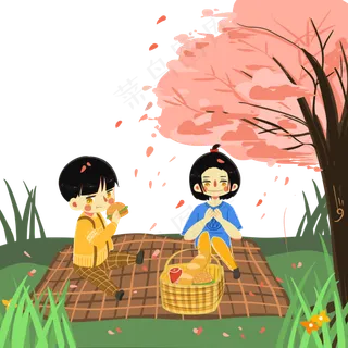 春天郊游野餐樱花美味踏青PNG可爱,免抠元素
