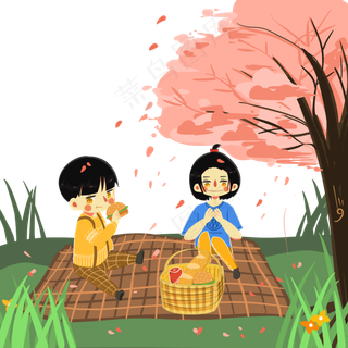 春天郊游野餐樱花美味踏青PNG可爱,免抠元素