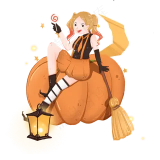 万圣节南瓜上吃棒棒糖的女孩,免抠元素