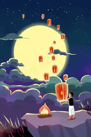 卡通手绘风中秋中秋节傍晚许愿灯配图
