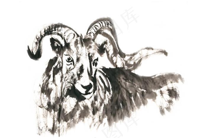 卧着的山羊水墨画PNG免抠素材(3300*2200px 300 dpi )psd模版下载