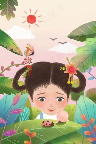 惊蛰女孩观七星瓢虫