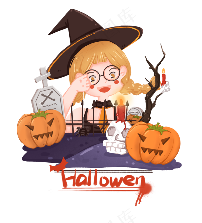 万圣节诡异风坟墓旁钓蜘蛛的小魔,免抠元素