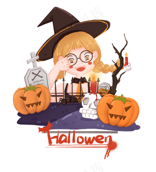 万圣节诡异风坟墓旁钓蜘蛛的小魔,免抠元素