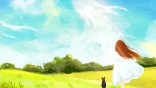 春天女孩与宠物踏青旅游