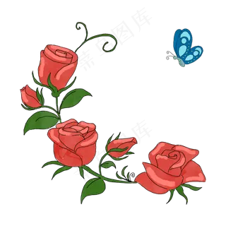 手绘浪漫玫瑰蝴蝶免抠素材