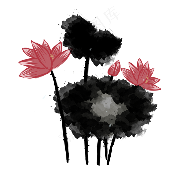 手绘中国风荷花水墨画PNG素材