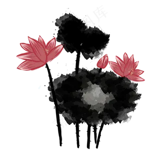 手绘中国风荷花水墨画PNG素材