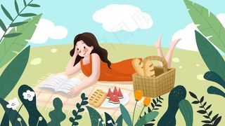 夏季小女孩野餐看书