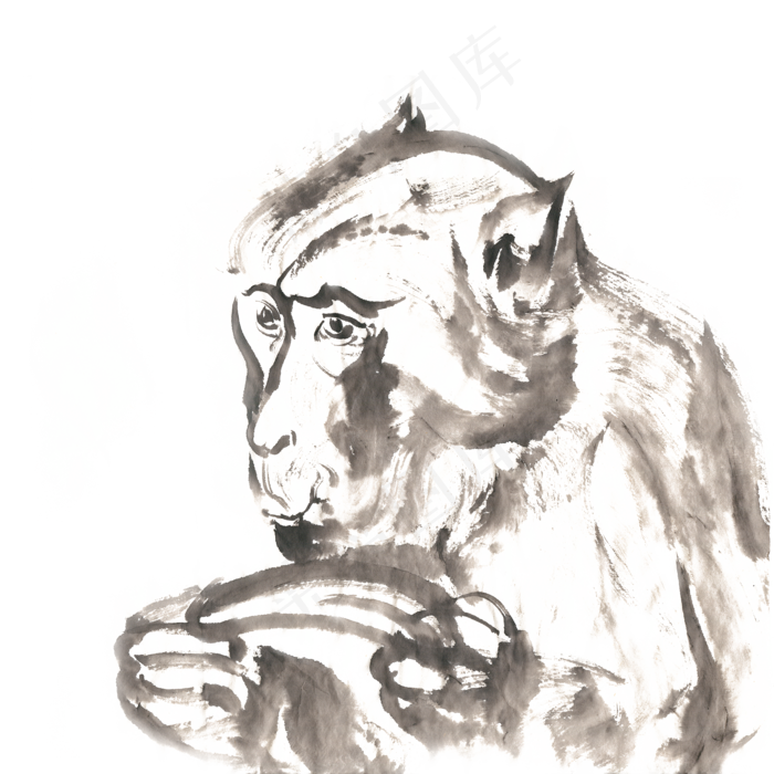 吃香蕉的猴子水墨画PNG免抠素材