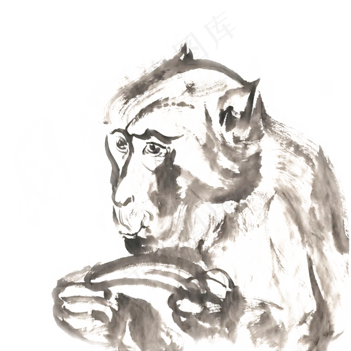 吃香蕉的猴子水墨画PNG免抠素材(2200*2200px 300 dpi )psd模版下载