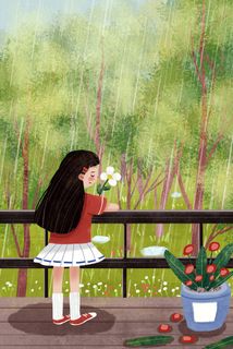 谷雨女孩在走廊看风景小清新竖图
