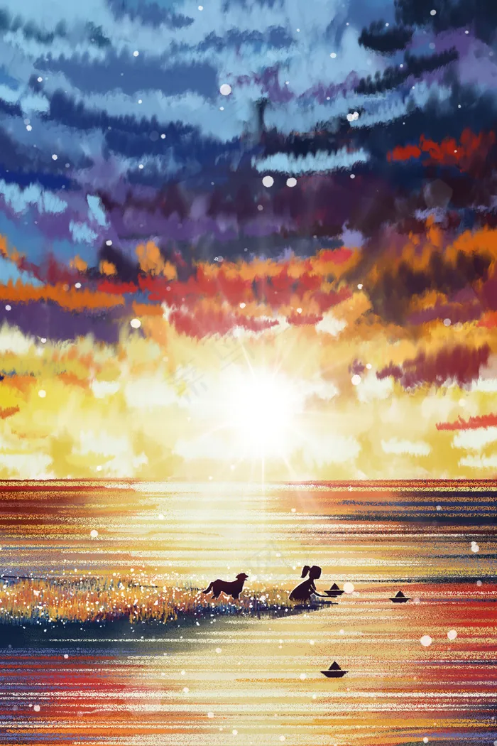 夏天夕阳黄昏河边放纸船(3545*5315px 300 dpi )psd模版下载