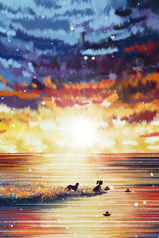 夏天夕阳黄昏河边放纸船