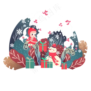 圣诞节少女雪人可爱装饰花丛平安,免抠元素
