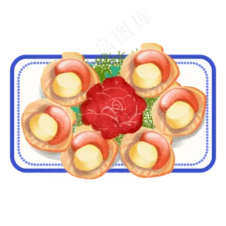 手绘海鲜美食贝壳之盘装扇贝红花 手绘海鲜美食贝壳之盘装扇贝红花