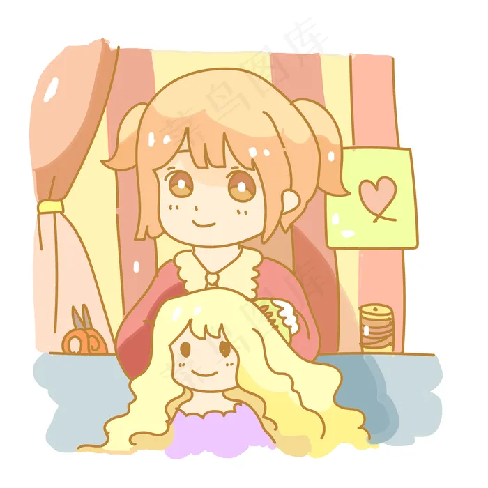 给洋娃娃梳头的可爱小女孩png(2000X2000(DPI:299))psd模版下载