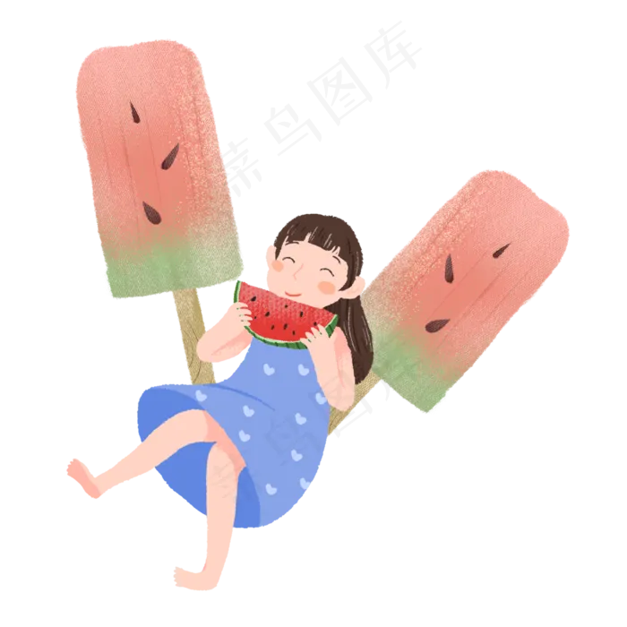 夏至女孩吃西瓜雪糕素材(2000X2000(DPI:300))psd模版下载