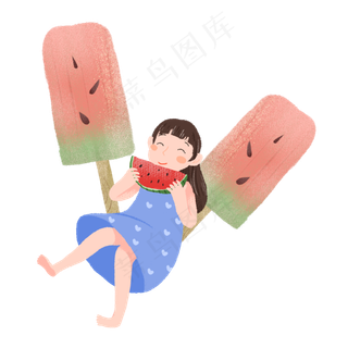 夏至女孩吃西瓜雪糕素材