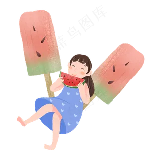 夏至女孩吃西瓜雪糕素材