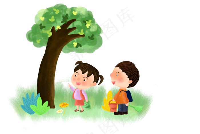 两个小孩与绿色大树