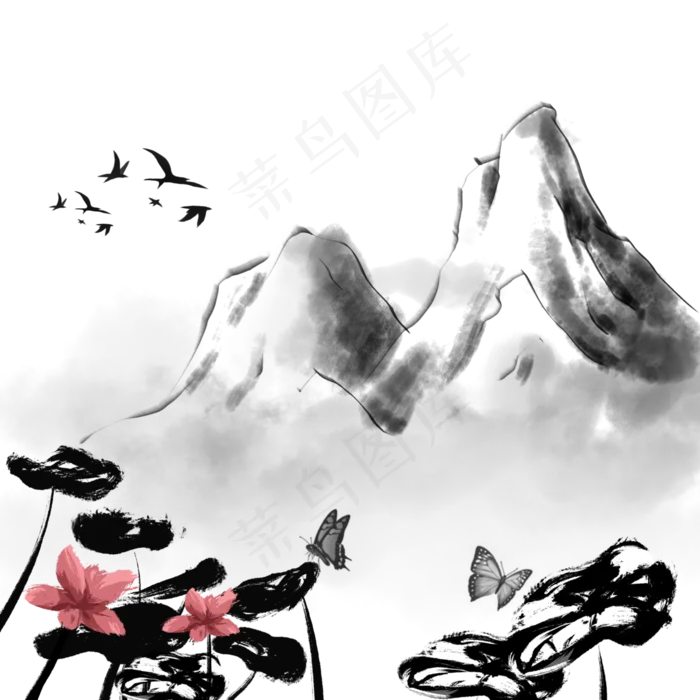 水墨风格中国风传统山雾气黑白手(3000X3000(DPI:300))psd模版下载