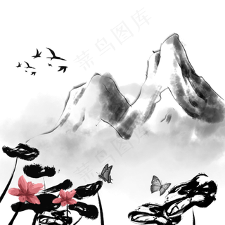 水墨风格中国风传统山雾气黑白手