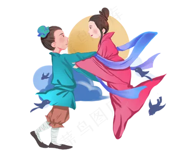 七夕情人节牛郎织女鹊桥相会,免抠元素