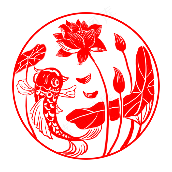 传统锦鲤荷花窗花剪纸(2000X2000(DPI:300))psd模版下载