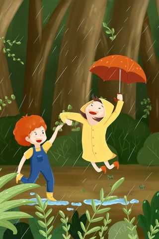 雨水清明节小孩开心下雨伞植物树林