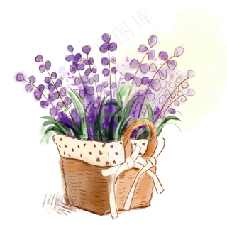 手绘水彩一篮子紫罗兰