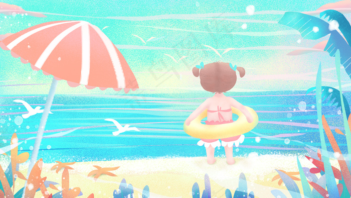 清新可爱小女孩抱游泳圈学游泳插画