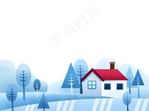 冬日白色田园小屋雪景装饰底框,免抠元素