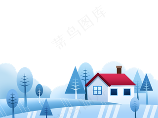 冬日白色田园小屋雪景装饰底框,免抠元素
