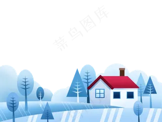 冬日白色田园小屋雪景装饰底框,免抠元素