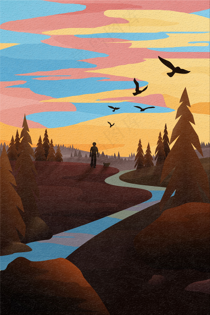 夕阳下人在河边小树林散步(3545X5315(DPI:300))psd模版下载