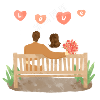 情人节坐在长椅的背影情侣