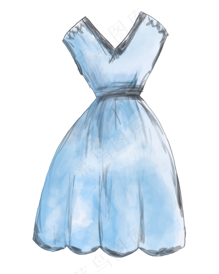 手绘水彩蓝色裙子png(2000X2500(DPI:300))psd模版下载