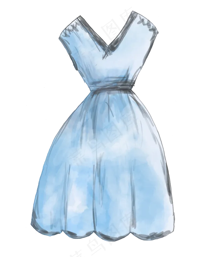手绘水彩蓝色裙子png(2000X2500(DPI:300))psd模版下载