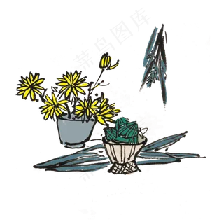 端午节粽子菊花水墨